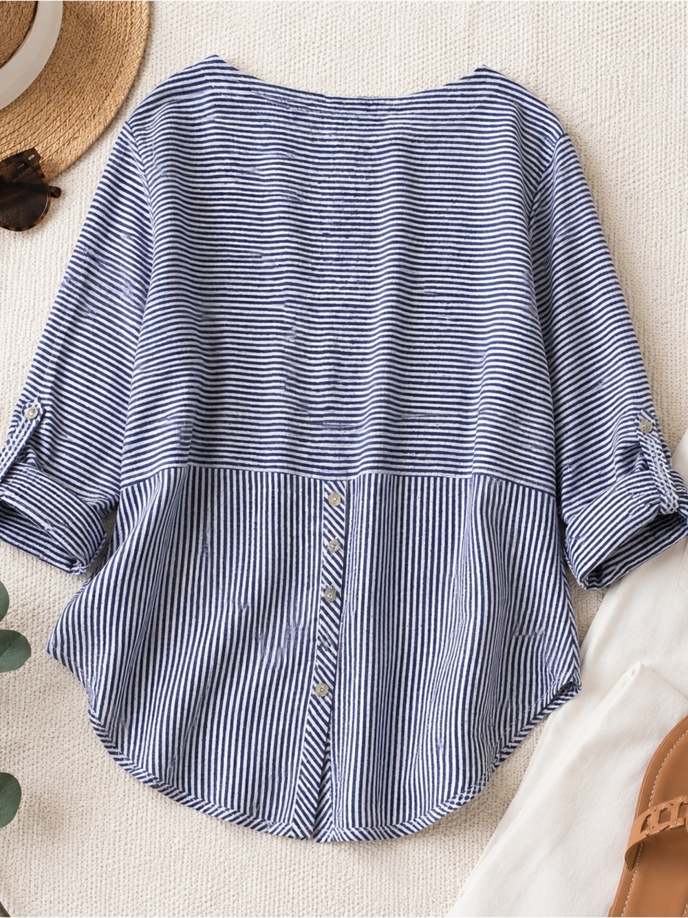 Adrienne Vittadini 100% Linen Striped Roll Tab Top Blue White Women’s M - Picture 2 of 7